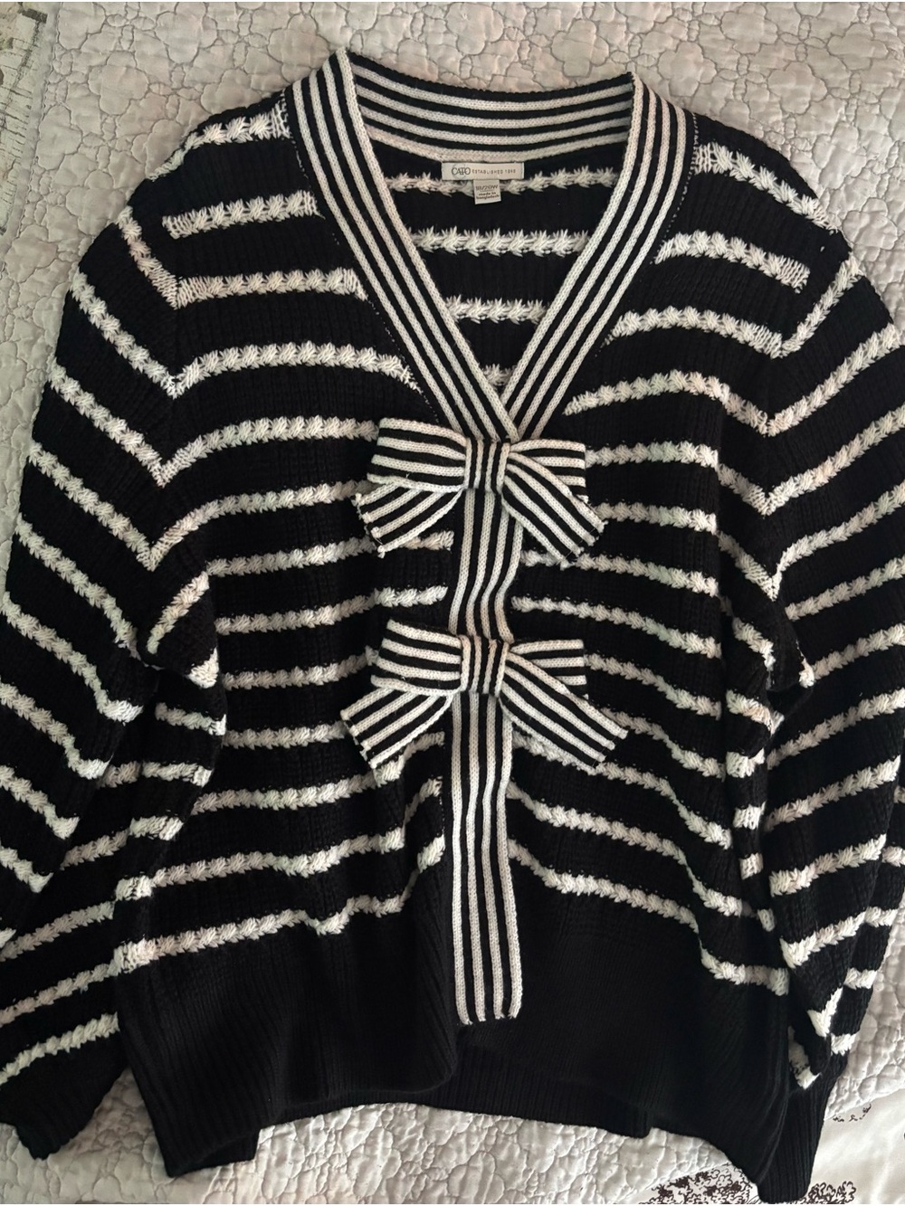 Cato Black and White Striped Bow-Front Cardigan
